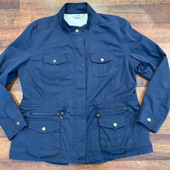 LL Bean Womens Military Style Jacket Size Large Petite LP Blue Zip Front - Picture 1 of 10